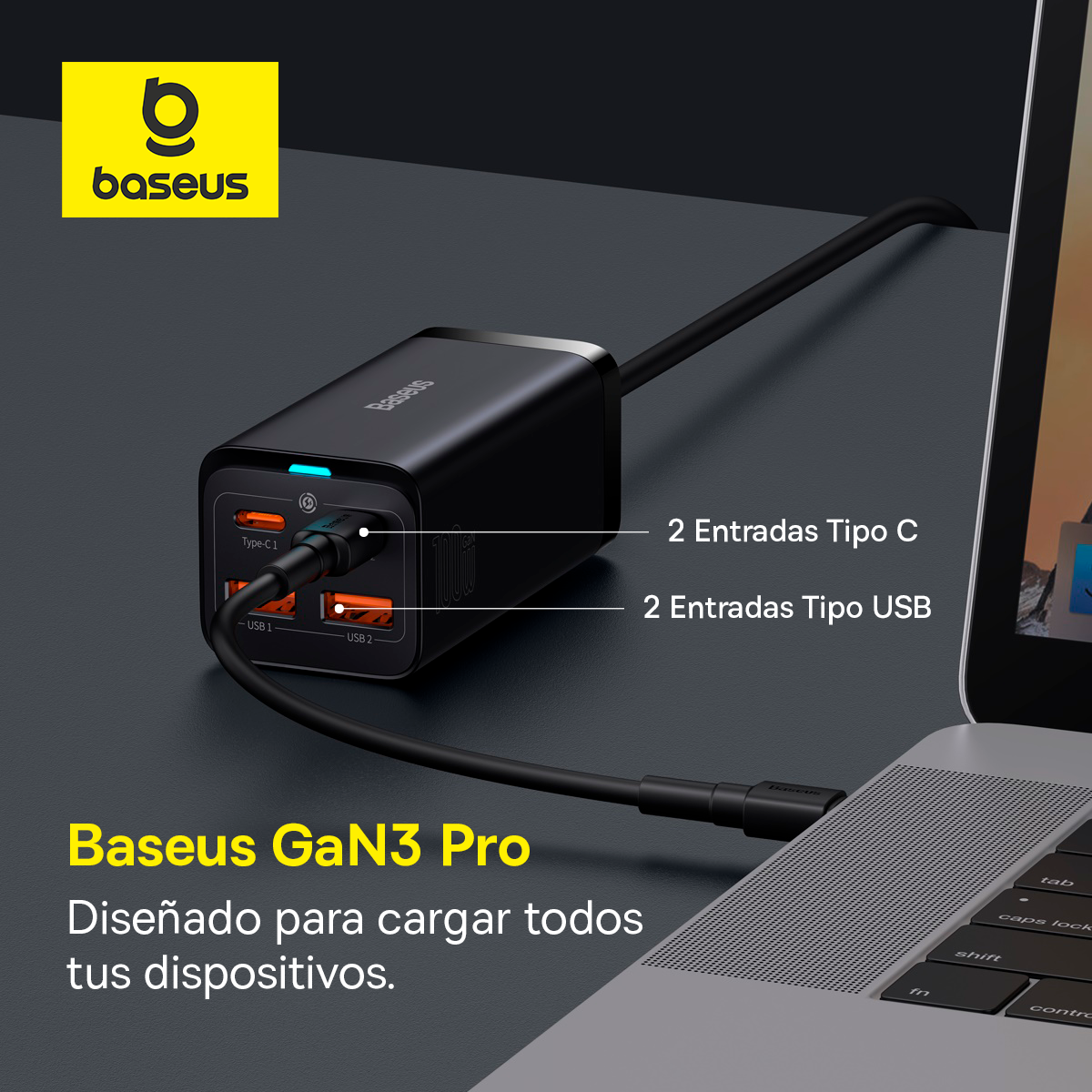 Baseus Cargador de escritorio GaN3 Pro de 4 puertos 100W