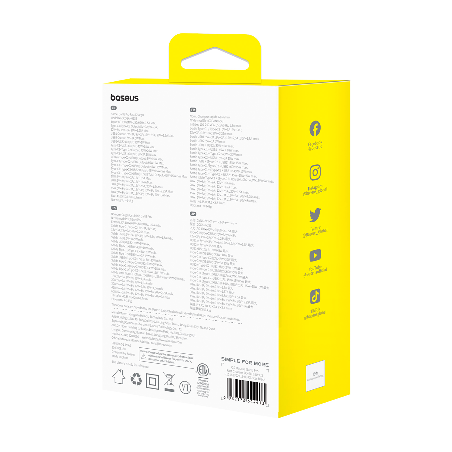 Baseus GaN6 Pro Cargador rápido de 4 puertos 65W